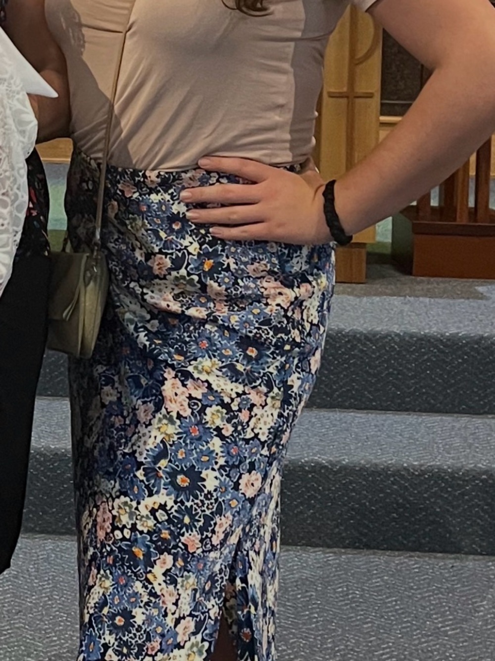 LOFT Navy Floral Midi Skirt with Pink & Cream Blooms